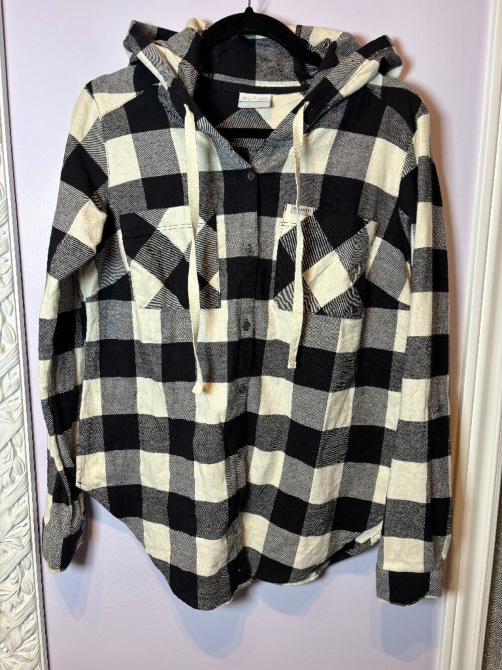 Columbia Black White Buffalo Plaid Hooded Flannel Shirt Womens Size M Button Up